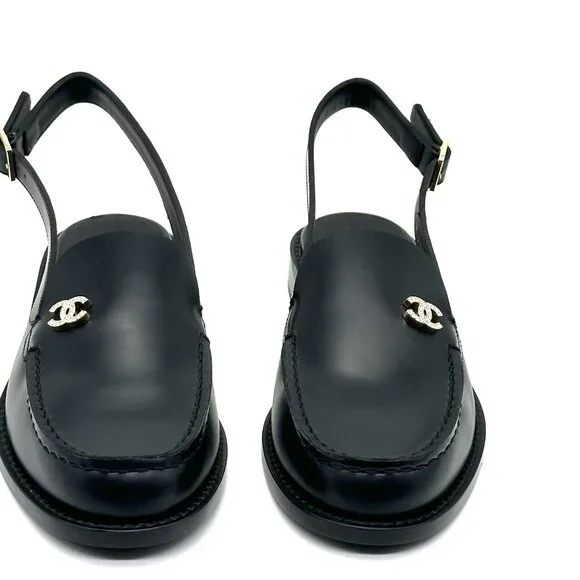 CHANEL 25P 2025 Crystal CC Logo Leather Slingback Flat Loafers Shoes Sandals - Picture 7 of 16